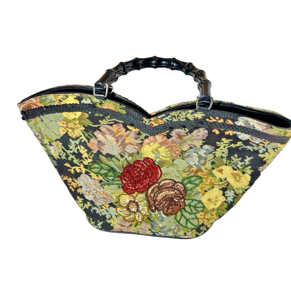 VTG Prezzo Floral Tapestry Embroidered Sequin Beaded Handbag  Boho